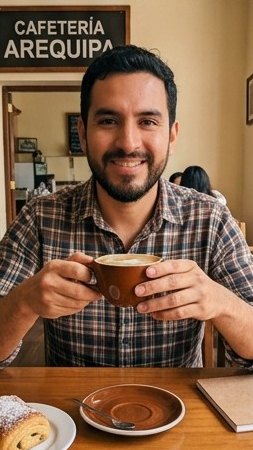 Diego, creator ficticio, con una taza de café en una cafetería
