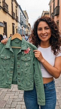 Mafer, creator ficticia, mostrando una casaca en una calle del centro