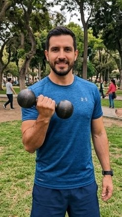 Renzo, creator ficticio, levantando una mancuerna en un parque